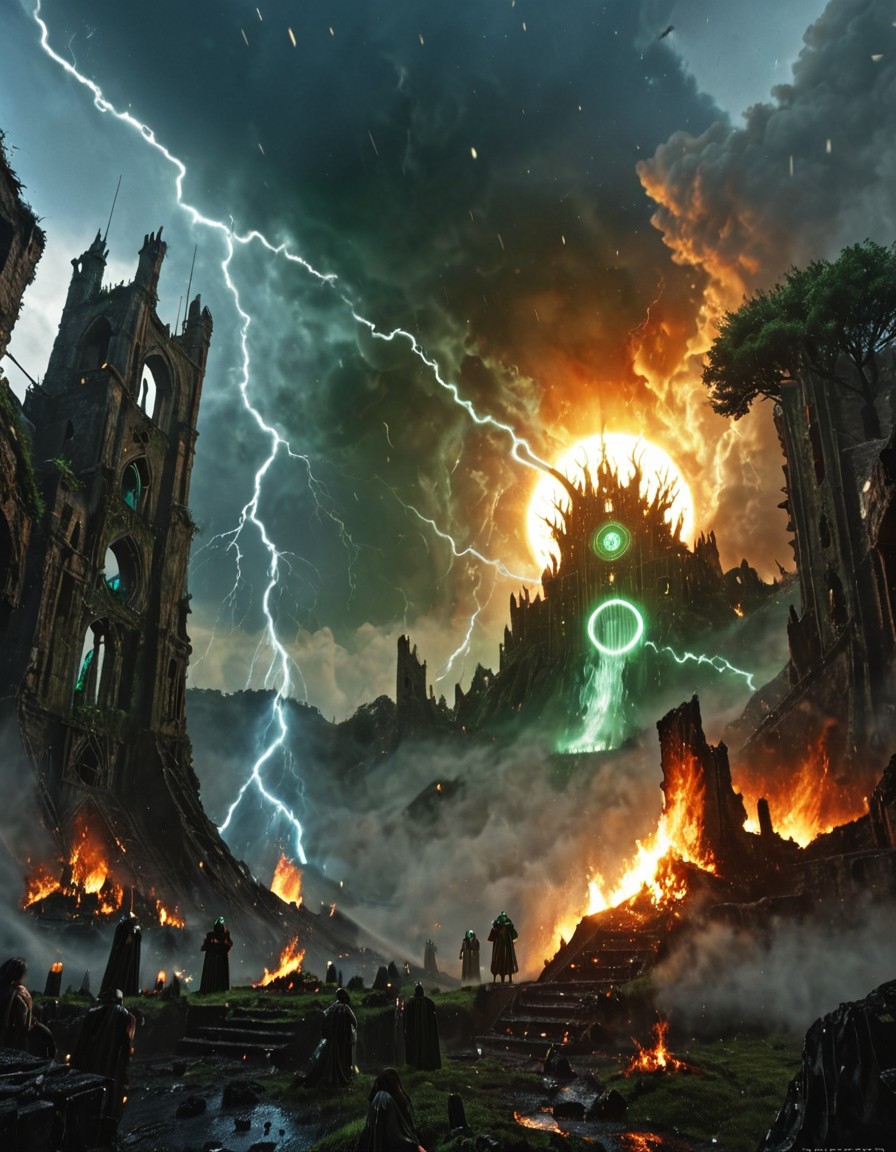 <lora:SW01v1-5xl:1> EFFD02, imagination, epic world, clouds, halos of light in the darkness of space, fire, EFFY01, occult medieval ceremony, bokeh, fantasy, T8 trees, green, forest, scenery, landscape, blue, high waves, ruins, T10, motion, spacecraft, cyberpunk city, mist, god rays, sunset, sea, mountain, storm, wet, thunder,