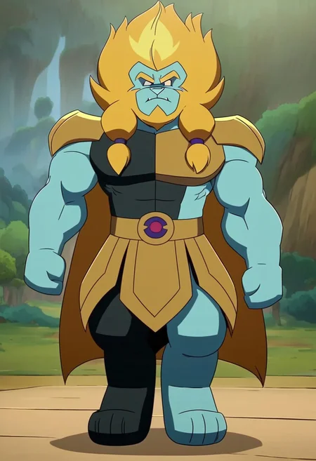 Azure lion ,solo,Lion furry,neutral expression,looking at the viewer,long hair,blue skin,muscular,braid,blonde hair,standing,front view,full figure,full body,full body shot,forest background with a clear sky.MASTERPIECE, PERFECT, EXCELLENT, GREAT MASTERPIECE score up9, precise and clear,