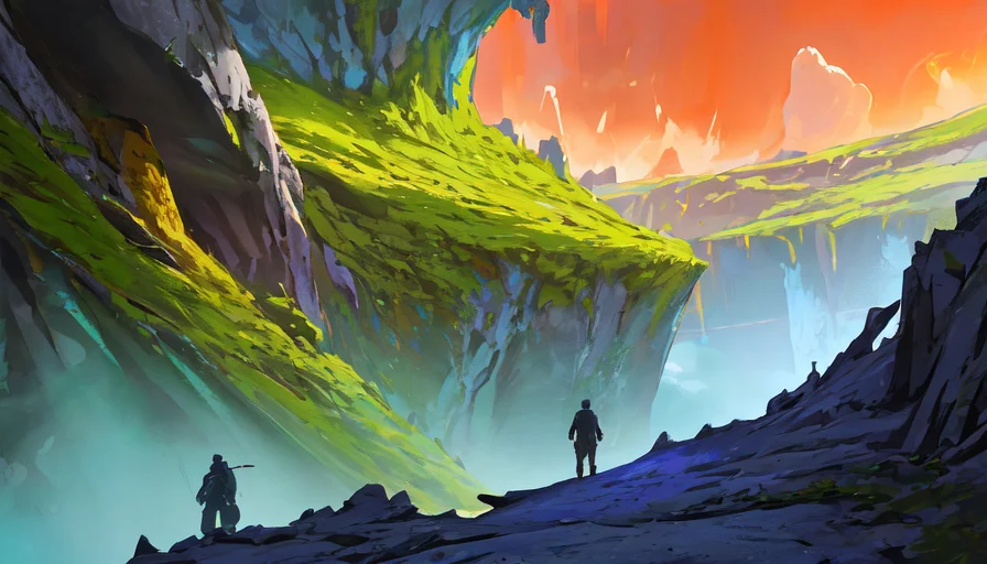 Conceptart,Concept Art,SamWho,mksks style, green moss, species, overlooking chasm, volcano