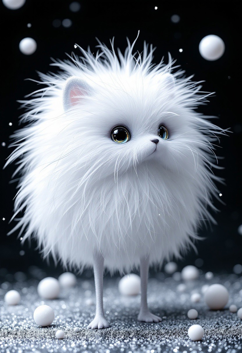 small cute white beautiful fluffy, glitter, long thin legs, neon, white balls, hyper-detailed, insane details, masterpiece, realistic, professional photo, full high scene view