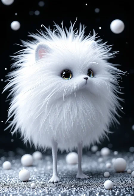 small cute white beautiful fluffy, glitter, long thin legs, neon, white balls, hyper-detailed, insane details, masterpiece, realistic, professional photo, full high scene view