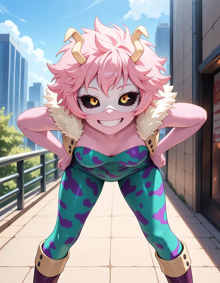 <lora:Mina Ashido Illu:1>1girl, solo,
<lora:Mina Ashido Illu:1>
1girl, solo,
m1na, pink hair, short hair, horns, pink skin, black sclera, yellow eyes,
her0, multicolored bodysuit, strapless bodysuit, green bodysuit, purple bodysuit, camouflage print, cropped jacket, sleeveless, open jacket, fur jacket trim, boots, domino mask,
standing, hands on hips, legs apart, leaning forward,
grin, narrowed eyes, looking at viewer,
feet out of frame, straight-on,
outdoors, cityscape,
<lora:CFG Scale Boost:0.7>, masterpiece, best quality