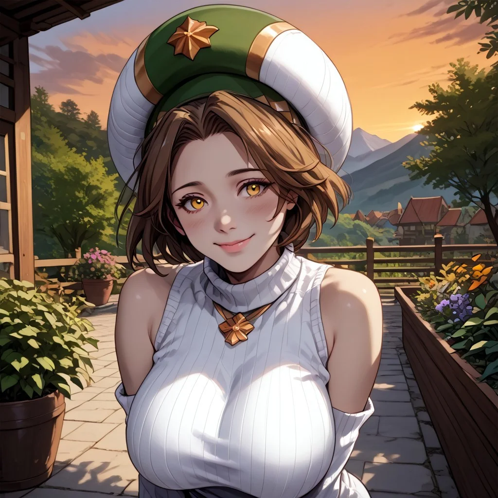 score_9, score_8_up, score_8, score_7_up, score_7, ExpressiveH, breast focus
BREAK
1girl, solo, Sophie Dragalia, brown hair, short hair, yellow eyes, mole under eye, casualsophie, hat, collar, sweater, detached sleeves, bare shoulder, dress, huge breasts, broad hips, looking at viewer, head tilt, seductive look, aroused, horny, standing, oiled skin, (leaning forward), looking at viewer, lips parted, blushing, mischievous smile
BREAK
Garden, sunset, orange sky, purple sky, mountainous horizon