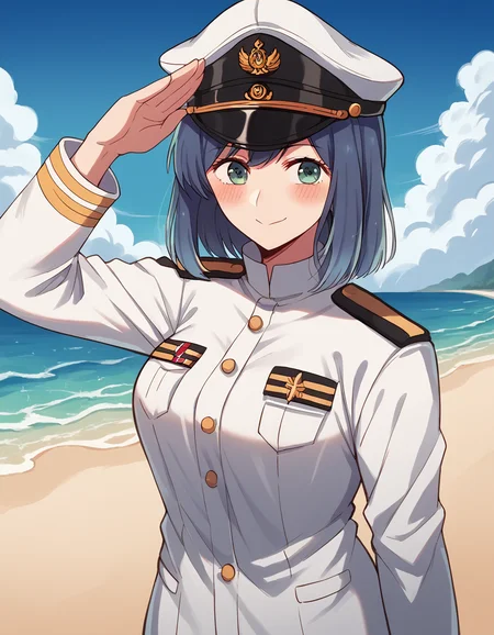 score_9, score_8_up, score_7_up, source_anime, <lora:akane-kurokawa-s1-ponyxl-lora-nochekaiser:1>, akane kurokawa, bangs, green eyes, blue hair, medium hair, dark blue hair, large breasts, <lora:kancolle-admiral-cosplay-ponyxl-lora-nochekaiser:1>, kancolle admiral cosplay, admiral (kancolle) (cosplay), naval uniform, cosplay, military uniform, military, peaked cap,, beach, salute, blush, smile, cowboy shot, looking at viewer,