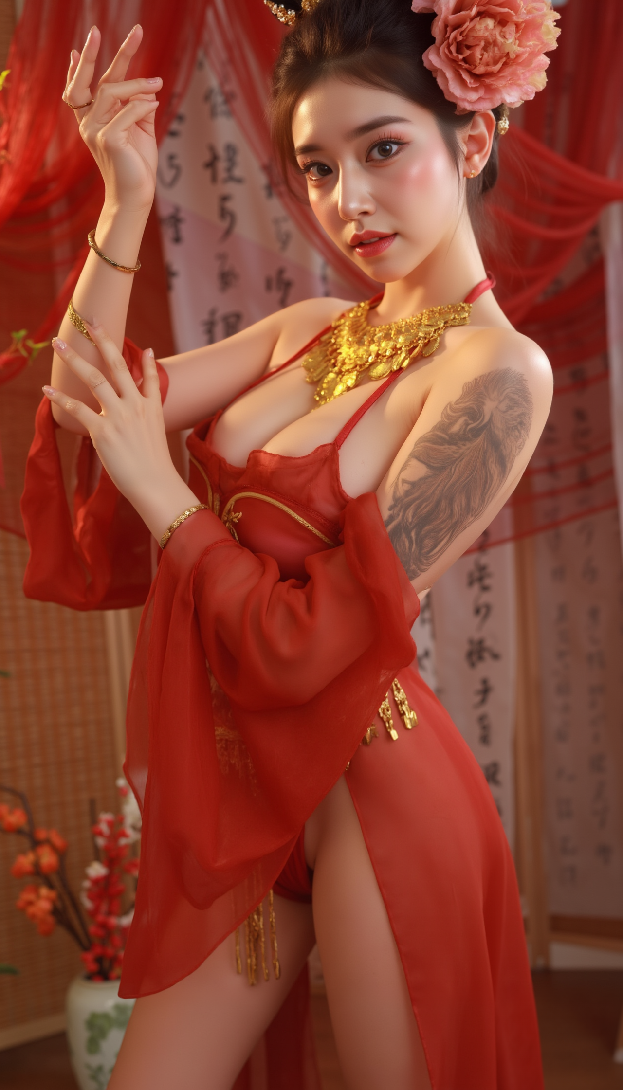 A professional, high-resolution image of a young woman is posed standing in a natural S-curve in the body silhouette. This classic posing technique creates visual interest and a sense of elegance.

She is wearing a red SGWN82Clothing. Her makeup is dramatic, with dark eyeliner and bold, glossy pink lips. 

The lighting features a high-contrast, monochromatic white color scheme that creates a moody, intimate atmosphere. 

The photography technique uses what appears to be soft lighting to create a glamorous effect, with careful attention to highlighting contours while maintaining the dominant light brown color scheme throughout the frame.

The overall aesthetic combines elements of fashion photography, traditional Asian visual motifs, and contemporary boudoir styling. The dramatic light brown lighting creates a cohesive visual theme that ties all elements of the composition together.

The white light emit on her to show her feature.