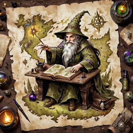 old book style ink illustration, on parchment on a map sitting on a wizard on desk, ((wizard's camo is olive drab)), ink splashes, ink stains, ink smears, faded ink, magical spell, paintless,