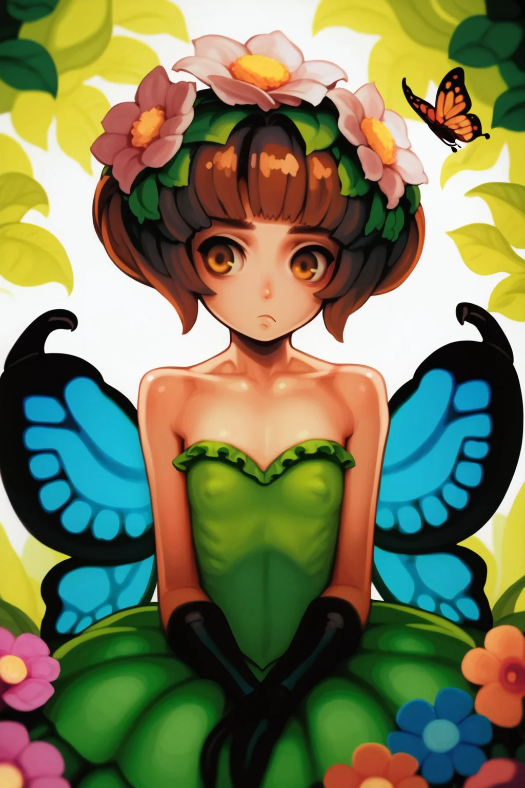 score_9, score_8_up, score_7_up, vani-onm, 1girl, pout, brown hair, fringed bangs, chonmage, golden eyes, Papillon \(monster girl encyclopedia\), antennae, arthropod girl, butterfly girl, butterfly wings, flower, monster girl, flat chest, covered nipples, outdoors, <lora:Vanillaware_all_in_one_PonyXL_style_v02:1>