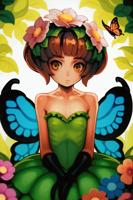 score_9, score_8_up, score_7_up, vani-onm, 1girl, pout, brown hair, fringed bangs, chonmage, golden eyes, Papillon \(monster girl encyclopedia\), antennae, arthropod girl, butterfly girl, butterfly wings, flower, monster girl, flat chest, covered nipples, outdoors, <lora:Vanillaware_all_in_one_PonyXL_style_v02:1>