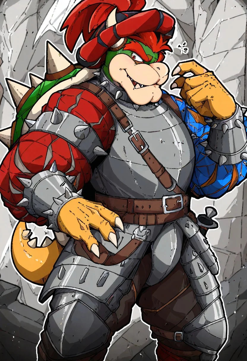 masterpiece, best quality, newest, absurdres, highres, mark_gavatino, mark gavatino style,
LKAV1.0, landsknecht, armor, belt, breastplate, chaperon hat, faulds, asymmetrical legwear, asymmetrical armor, puffy sleeves, puffy pants,
1boy, bowser, spikes, spiked shell, spiked tail, spikes, turtle shell, horns,