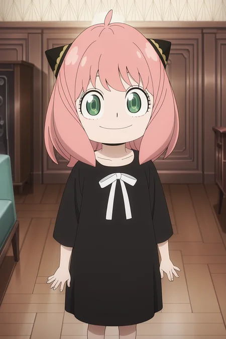 anime screencap, anime coloring, detailed face, masterpiece, best quality, very aesthetic, absurdres, volumetric lighting, official style, amazing quality, ultra detailed,  highres, amazing quality, scenery, beautiful detailed hair, beautiful detailed eyes, detailed fingers,
lazypos, lazyhand
 <lora:Anya_Forger_Spy_x_Family:1>
in a living room, indoors,
Anya black pajamas (outfit), Anya Forger (character), 1girl, anya (spy x family), child, green eyes, solo, wooden floor, pink hair, dress, smile, looking at viewer, hairpods, black dress, indoors, standing, ahoge, smile