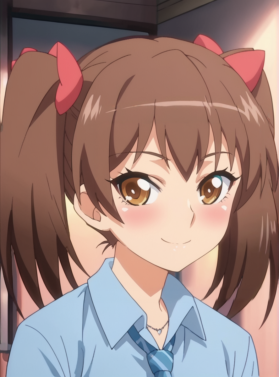 score_9, score_8_up, score_7_up, score_6_up, source_anime, anime screencap  <lora:hanazawa_airi:0.8>hanazawa_airi, 1girl, brown hair, twintails, blush, brown eyes, solo,skirt, blue_shirt  smile, pantyhose, smile,necktie,