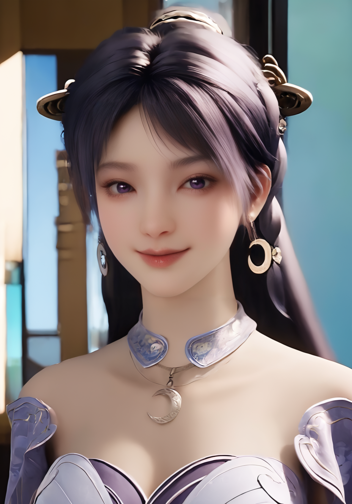 cowboy_shot,smile,(,1girl, ,best quality, ),looking at viewer,ultra detailed 8k cg,ultra detailed background,ultra realistic 8k cg,cinematic bloom,luxury,jewelry,pearl,intricate detail,delicate pattern,charming,alluring,seductive,erotic,hair ornament,<lora:jiziyue_V1-000006:1>,necklace,earrings,bracelet,armlet,purple eyes,masterpiece,realistic,grove,