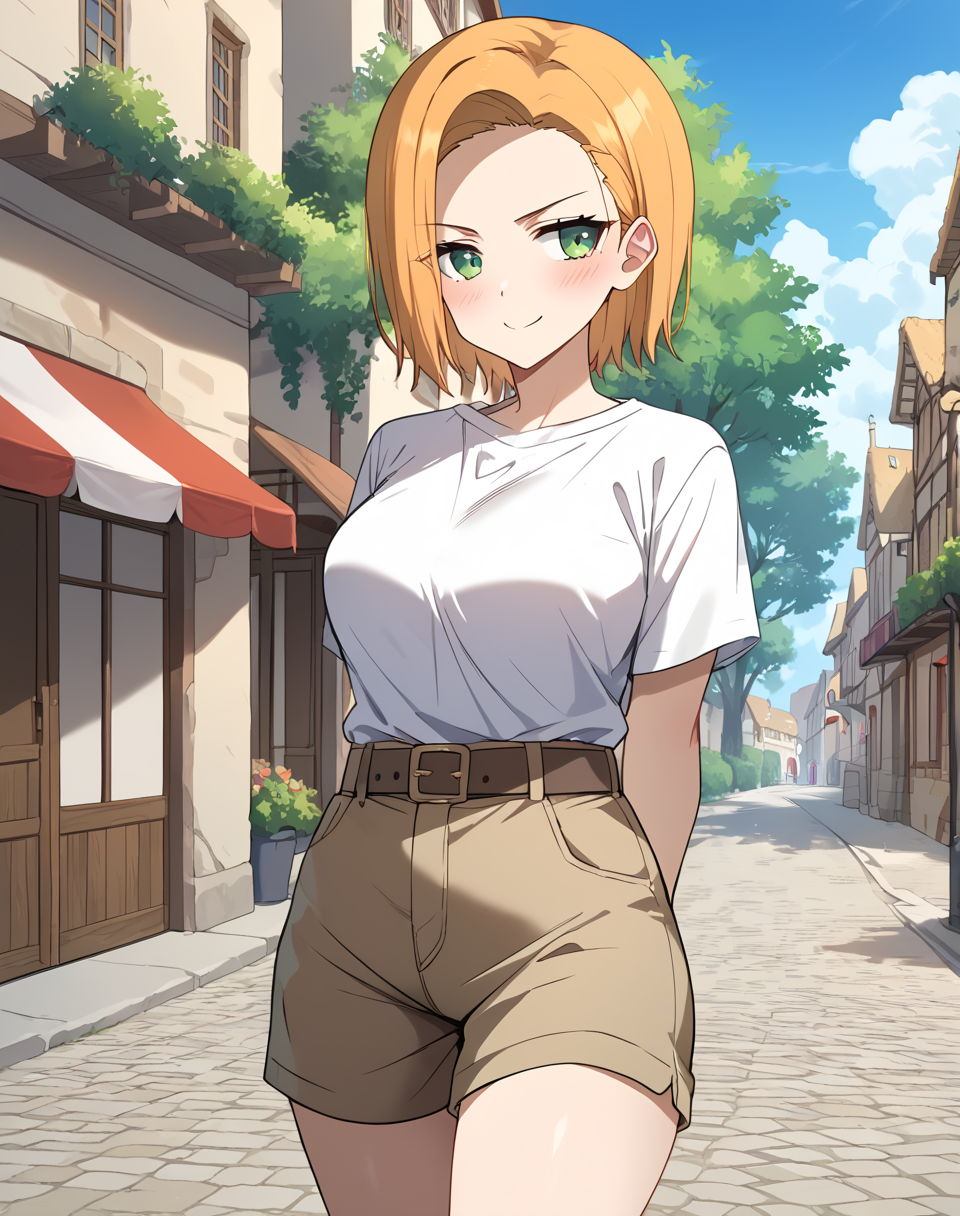 liana_de_grantz, orange hair, short hair, green eyes, white top tank, brown shorts, belt  BREAK outdoors, medieval, town street  BREAK arms behind back, looking away, small smile, tsundere, blush, cowboy shot BREAK score_9, score_8_up, score_7_up, source_anime ,zPDXL, <lora:Liana_de_Grantz:0.8>