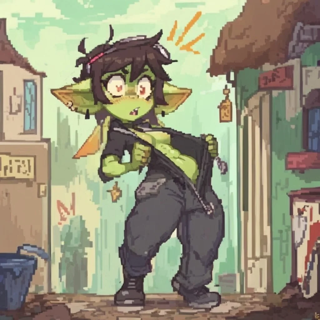 score_9, score_8_up, score_7_up, high quality, 1girl, Goblin, shortstack, dark hair, green skin, colored skin, undressing, caught undressing, surprised expression,