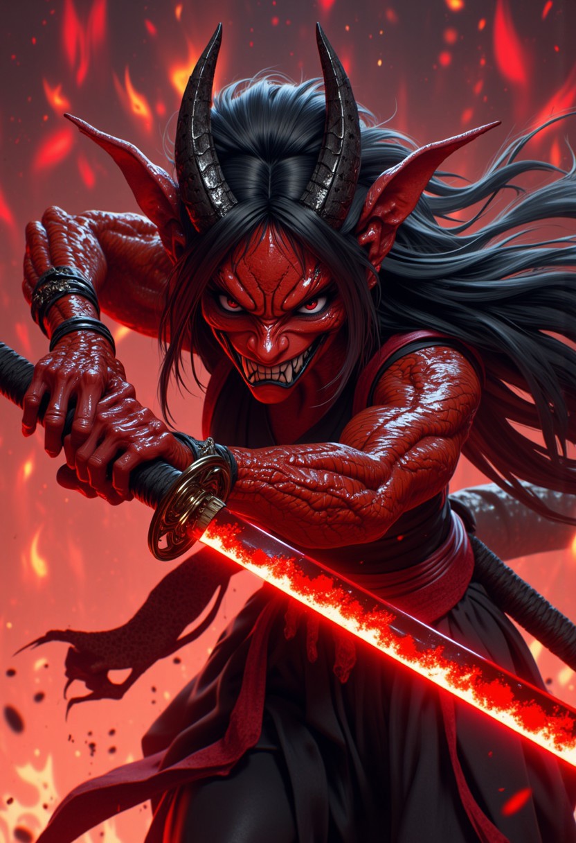 fantasy art depicts a red dragon woman with long black hair, red scales, dragon face, black dragon horns, black lipstick holding a red glowing katana in an attacking pose, hkwarrior, mythp0rt