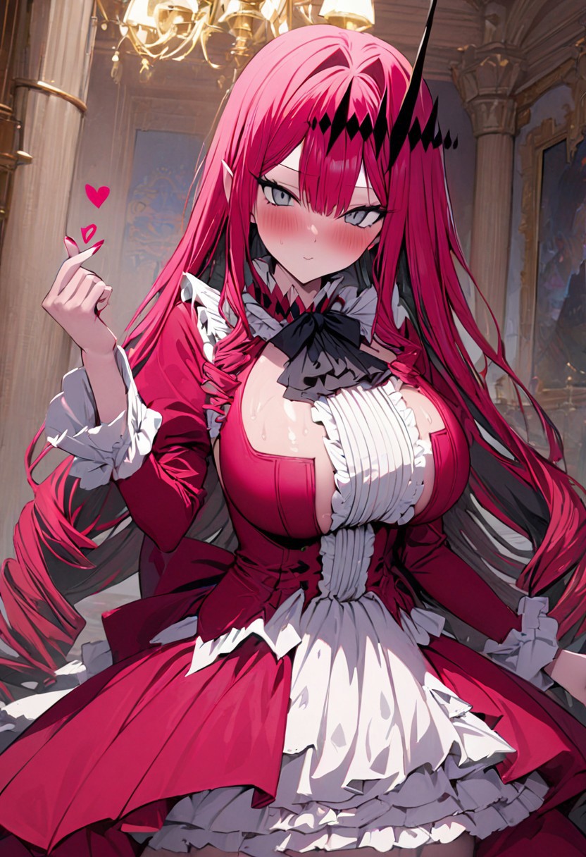 masterpiece, best quality, ultra-detailed, anime, masterpiece, intricate, best quality, 4k, (high detail:1.2), (incredibly detailed:1.4), (high detailed background, mansion), baobhan-sith-(fate), huge breasts, look away from viewer, finger heart, blush