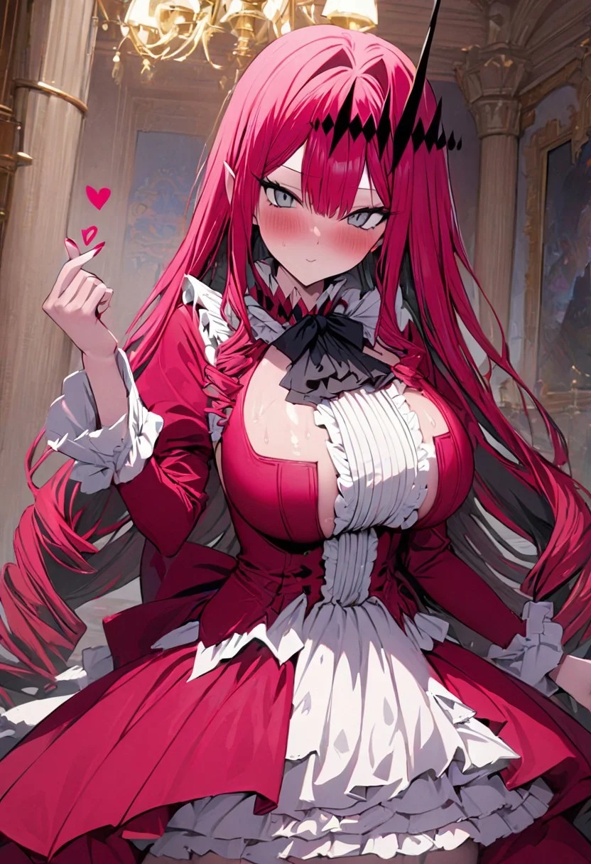 masterpiece, best quality, ultra-detailed, anime, masterpiece, intricate, best quality, 4k, (high detail:1.2), (incredibly detailed:1.4), (high detailed background, mansion), baobhan-sith-(fate), huge breasts, look away from viewer, finger heart, blush