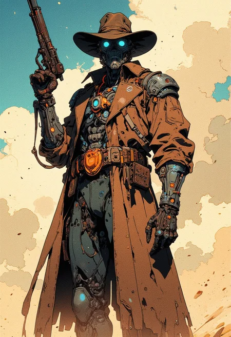 A futuristic cybernetic gunslinger, wearing a long brown duster coat and armed with a heavy revolver, standing against a dusty sky. His body is a fusion of metal and synthetic components, glowing blue eyes, intricate mechanical details. The scene is dynamic, with dust and debris flying around, evoking a post-apocalyptic Wild West setting. Concept art, comic book style, high detail, cel shading, vibrant colors, dieselpunk aesthetic,