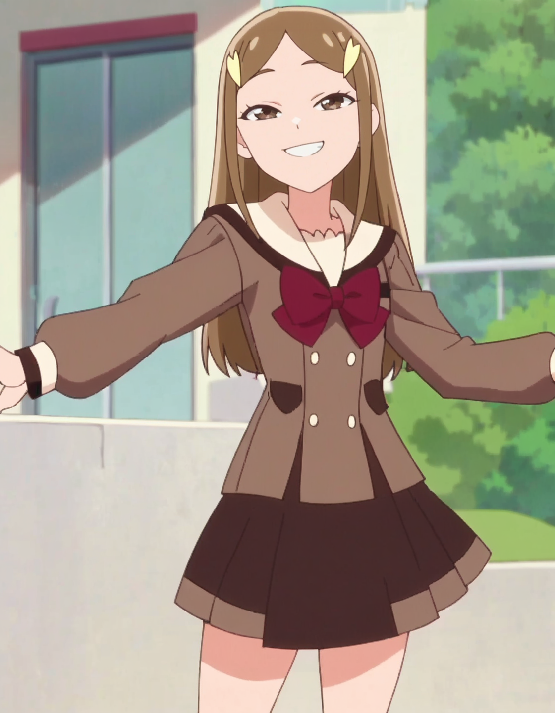 score_9, score_8_up, score_7_up, anime screencap, solo,1girl,kitzunezaki,  smile,brown school uniform, skirt, hair ornament, cowboy shot <lora:kitsunezaki:0.8>