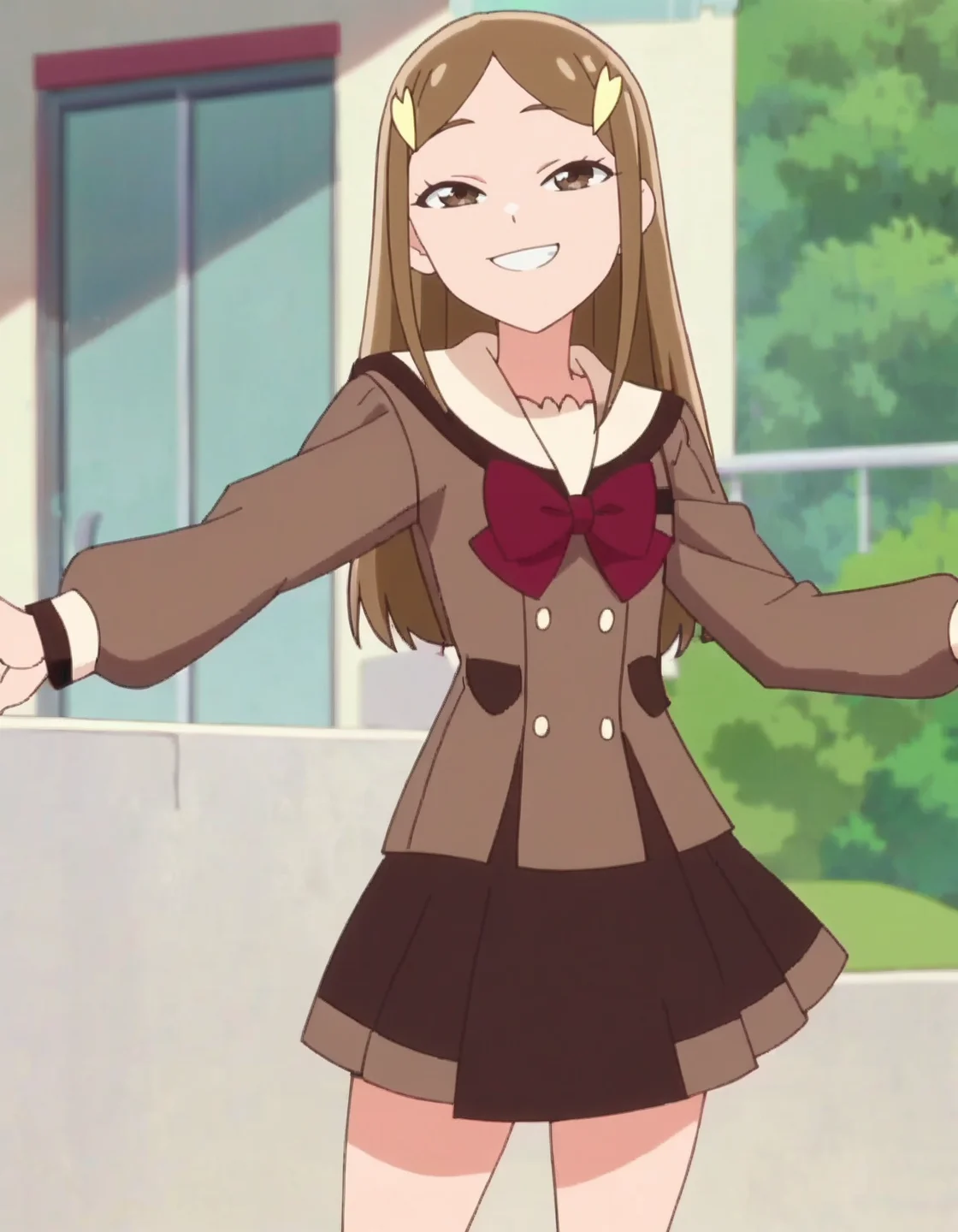 score_9, score_8_up, score_7_up, anime screencap, solo,1girl,kitzunezaki, smile,brown school uniform, skirt, hair ornament, cowboy shot <lora:kitsunezaki:0.8>