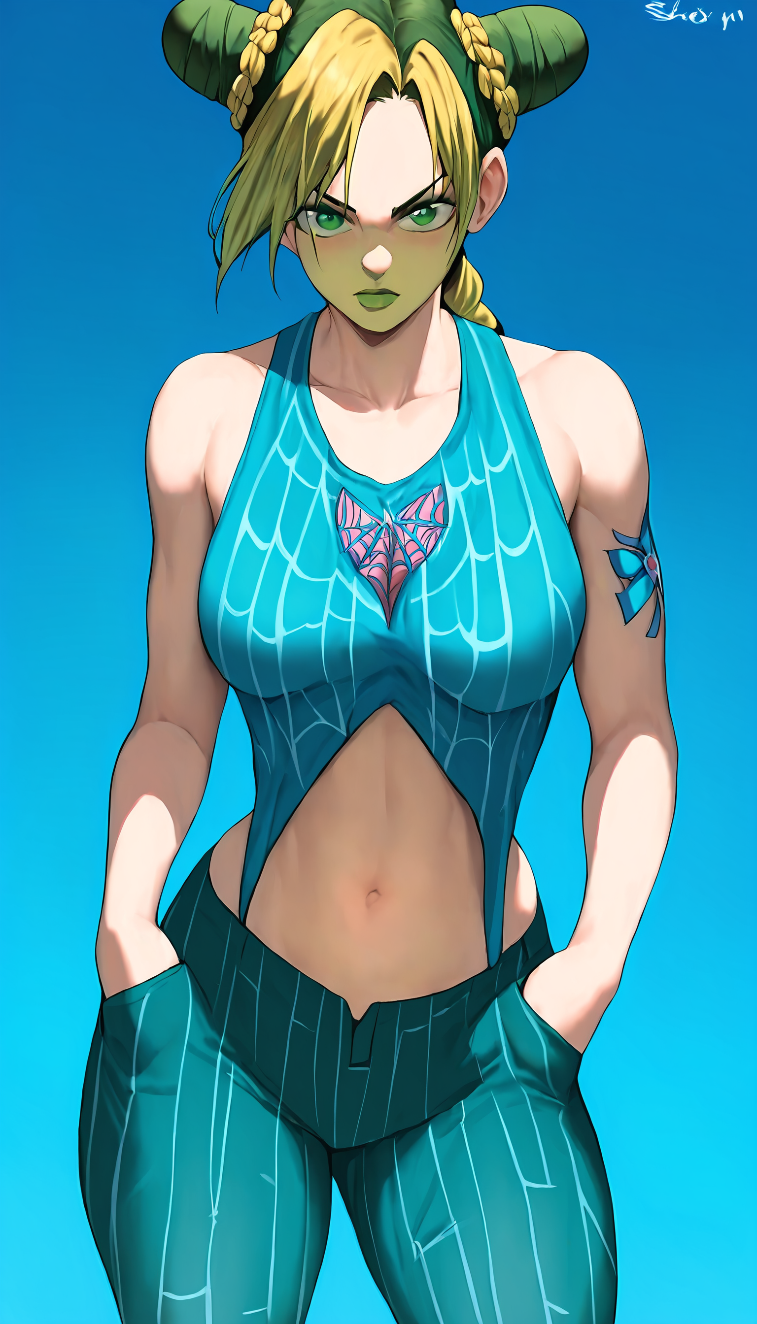 score_9,score_8_up,score_7_up,1girl,kujo jolyne,solo,medium breasts,looking at viewer,blonde hair,navel,bare shoulders,jewelry,green eyes,multicolored hair,cowboy shot,green hair,midriff,pants,two-tone hair,gradient,double bun,blue background,toned,hand in pocket,cone hair bun,arm tattoo,braided bun,spider web print,<lora:Shexyo_Style__PONY_XL:1.4>,