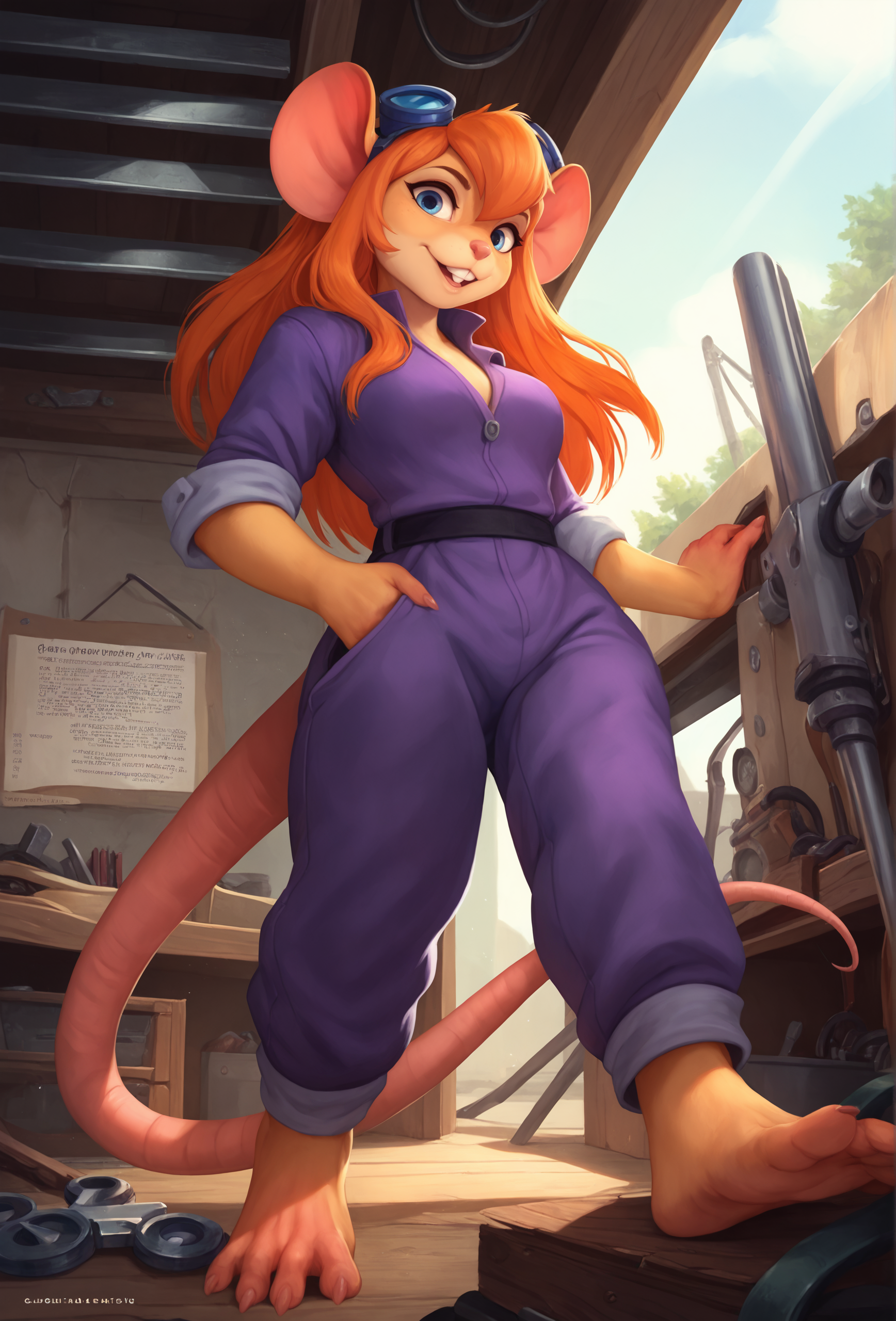 score_9, score_8_up, score_7_up, score_6_up, score_5_up, score_4_up,  <lora:oouna_style_ponyxl_v1.2_locon:1> oounastyle, english text, character name, workshop, machinery,
1girl, furry, solo, looking at viewer, gadget hackwrench, purple jumpsuit, orange hair, long hair, mouse tail, goggles on head, barefoot, low angle,  buck teeth,