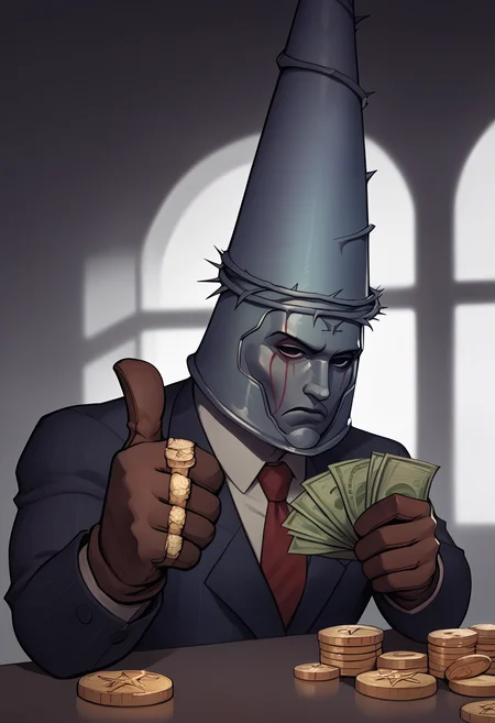 score_9, score_8_up, score_7_up, score_6_up BREAK cinematic angle,solo,male focus,muscular,blood on face,gangstersb,thumbs up,money, holding money, portrait, cropped torso,necktie, suit, striped, looking at viewer,penitent one,helmet, brown gloves,faceless,expressionless,table, coins,jewelry,rings <lora:sppenitentOneXLPony:1>  <lora:gangstersb-guy-PONYv1:0.9>