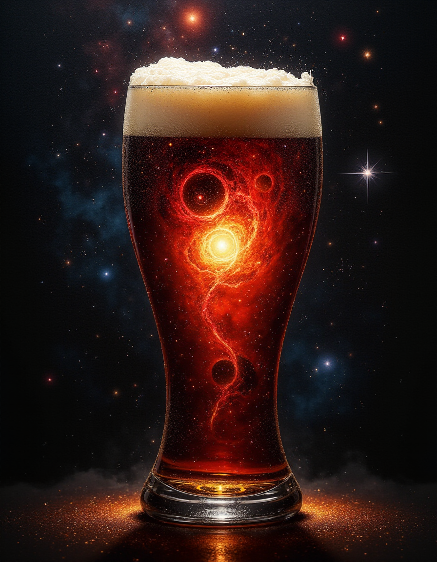a painting of a star cluster in the sky with a lot of stars in the center of the image, Anato Finnstark, cosmic horror, an airbrush painting, space art, cosmic clouds, galaxies, black holes, stars, the star cluster and cosmic clouds form a beer glass with this inside: Irish Red Ale: Medium amber to medium reddish-copper. Clear. Low off-white to tan colored head, Pint glass or nonic pint glass. , that looks into the image, highly detailed, DSLR, raw, Panasonic Lumix GH4, f1.2, 50mm, cinematic lighting  <lora:fluxenhancer:1>, black, white, red color-scheme,