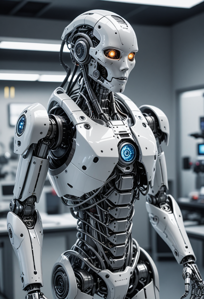 (medium full shot) of (futuristic robot), silver exoskeleton, robotic claws, integrated thrusters, integrated HUD, sensor arrays, set in  an advanced research lab, filled with futuristic gadgets, high-tech tools, scientific instruments, during the day, Masterpiece,best quality, photo, realistic, very aesthetic, detailed face,