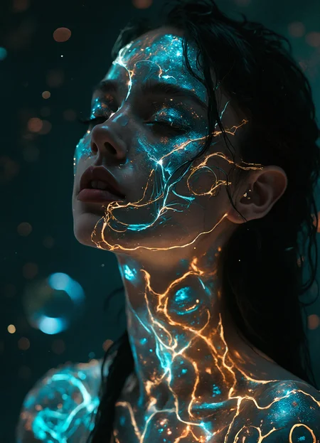 The image depicts a woman with a remarkable glowing, pulsating pattern adorning her face and body. This intricate pattern is composed of interconnected lines and shapes, weaving together to form a mesmerizing and unique design. The woman's expression on her face is neutral, her eyes serenely closed, and her lips parted slightly. She exudes an aura of calmness and tranquility.
The body of the woman is depicted as slender and toned, enhanced by long, flowing strands of hair cascading down her back. The captivation of the viewer intensifies as the glowing pattern sets her apart, giving her an enchanting and mystical appearance. The design drawn upon her skin seems to dance and pulsate, creating an otherworldly atmosphere that sparks the imagination and curiosity of observers.
The intricate nature of the pattern suggests careful thought and intentional conceptualization, hinting at a deeper symbolic meaning. The interplay of lines and shapes on her face and body conveys a sense of harmony and unity, reflecting