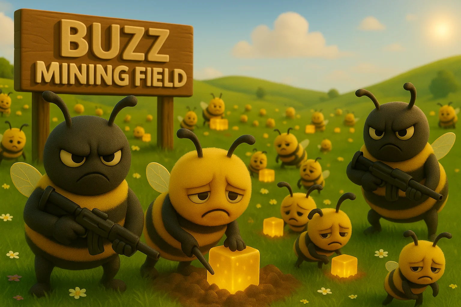 A 3D Pixar-style digital illustration of a surreal bee labor camp called "Buzz Mining Field". Dozens of cartoon bees work in a vibrant green field dotted with flowers, digging glowing yellow energy cubes from the ground. All worker bees look sad or exhausted, with droopy eyes and frowns. In contrast, two larger guard bees stand watch, holding rifles, with angry and intimidating expressions. The scene takes place under a soft sunset sky, with a large wooden sign reading “BUZZ MINING FIELD” at the center. The mood is whimsical but subtly dystopian, rendered in bright, smooth Pixar-like animation with rich lighting and soft character textures.
