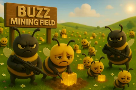 A 3D Pixar-style digital illustration of a surreal bee labor camp called "Buzz Mining Field". Dozens of cartoon bees work in a vibrant green field dotted with flowers, digging glowing yellow energy cubes from the ground. All worker bees look sad or exhausted, with droopy eyes and frowns. In contrast, two larger guard bees stand watch, holding rifles, with angry and intimidating expressions. The scene takes place under a soft sunset sky, with a large wooden sign reading “BUZZ MINING FIELD” at the center. The mood is whimsical but subtly dystopian, rendered in bright, smooth Pixar-like animation with rich lighting and soft character textures.
