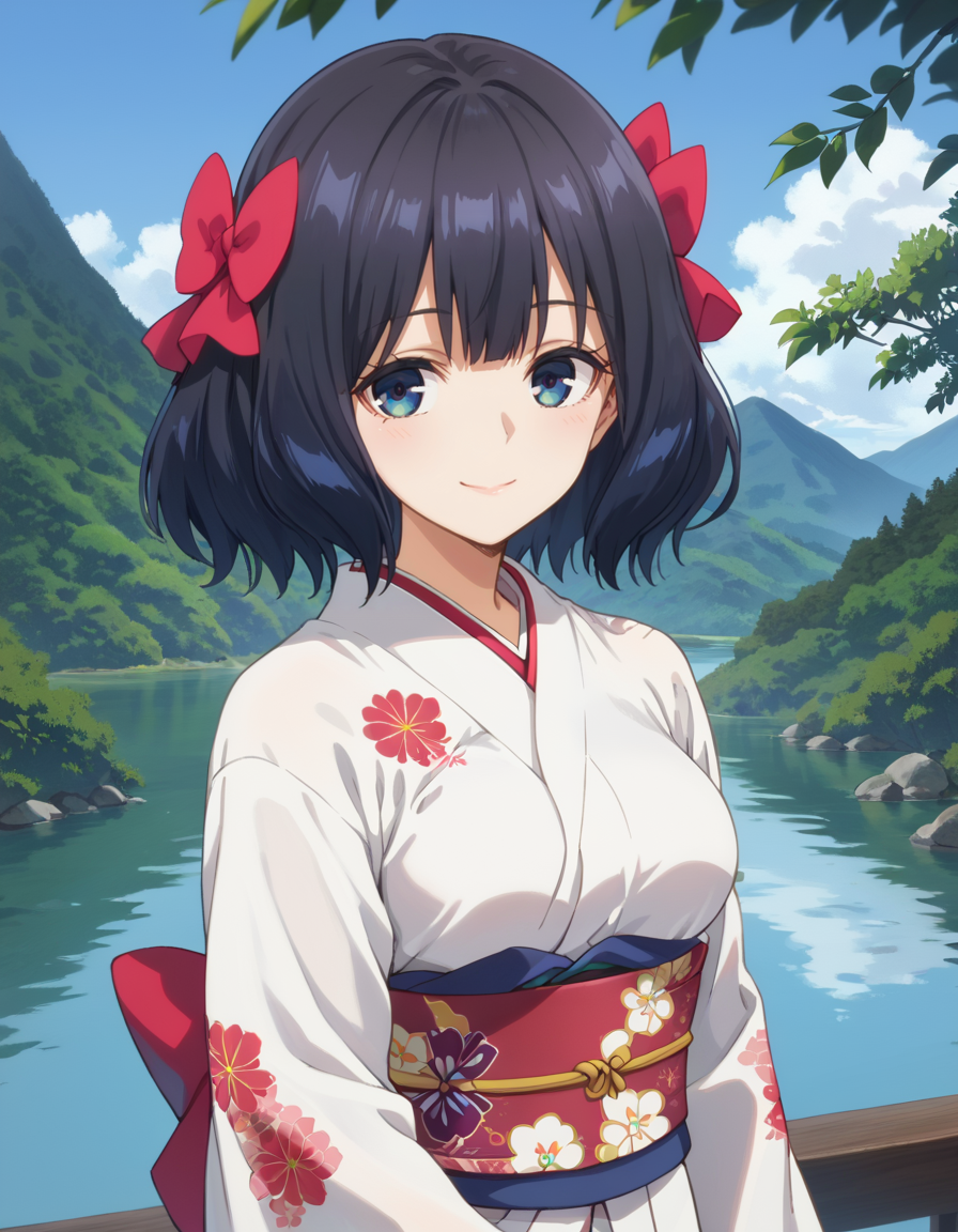 score_9, score_8_up, score_7_up, source_anime, BREAK
1girl, solo, cowboy shot, outdoors, sky, blue sky, light smile, mountain, river, scenery, looking at viewer, 
tino shade, medium hair, black hair, dark blue eyes, upper body, red hair bow,
kimono, white kimono, floral print, long sleeves, obi, medium breasts,
<lora:tino_shade_anime_v2-soralz:1>