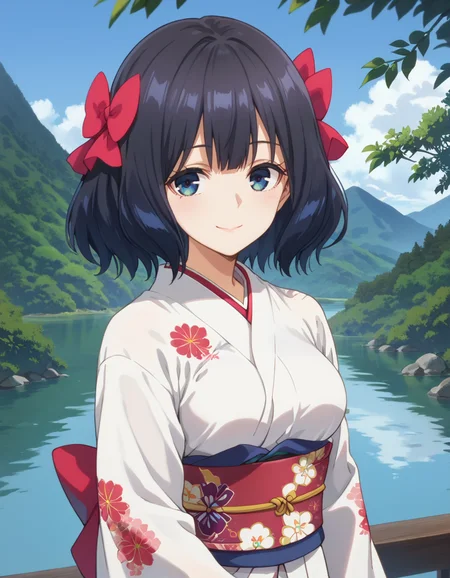 score_9, score_8_up, score_7_up, source_anime, BREAK
1girl, solo, cowboy shot, outdoors, sky, blue sky, light smile, mountain, river, scenery, looking at viewer,
tino shade, medium hair, black hair, dark blue eyes, upper body, red hair bow,
kimono, white kimono, floral print, long sleeves, obi, medium breasts,
<lora:tino_shade_anime_v2-soralz:1>