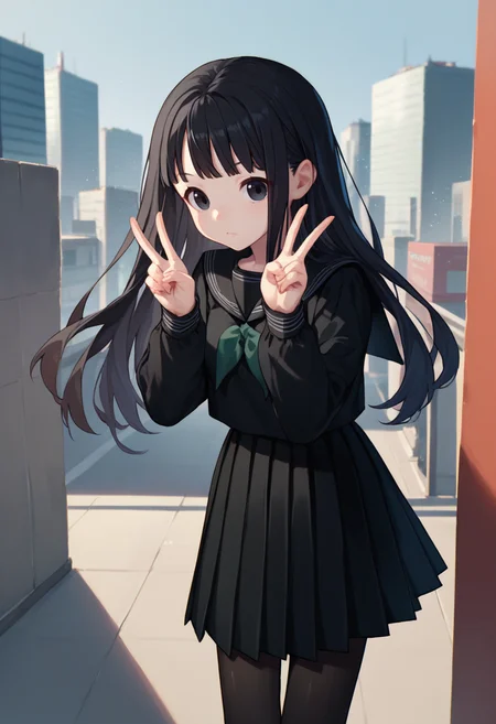 score_9, score_8_up, score_7_up, Rinne, black hair, long hair, black eyes, black serafuku, necktie, long sleeves, black skirt, black pantyhose, double v, city, 1girl, solo, <lora:Rinne LORA 3-000008:1>