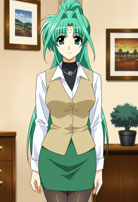 <lora:Lindy_Harlaown-Mahou_Shoujo_Lyrical_Nanoha:0.9>,Lindy,mature female,1girl,solo,green hair,forehead mark,long hair,green eyes,ponytail,shirt,skirt,pantyhose,cowboy shot,looking at viewer,smile,indoors