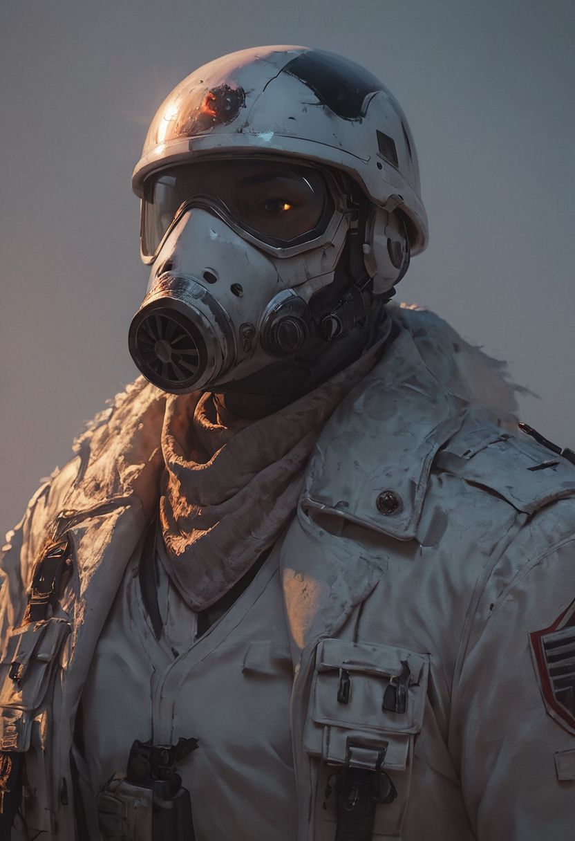 score_9, score_8_up, score_8_up, Sci fi white snow trooper, Gas mask, grimdark, soldier helmet, sci fi, long jacket, glowing energy pack, (white coat, white outfit, white armor), simple design,