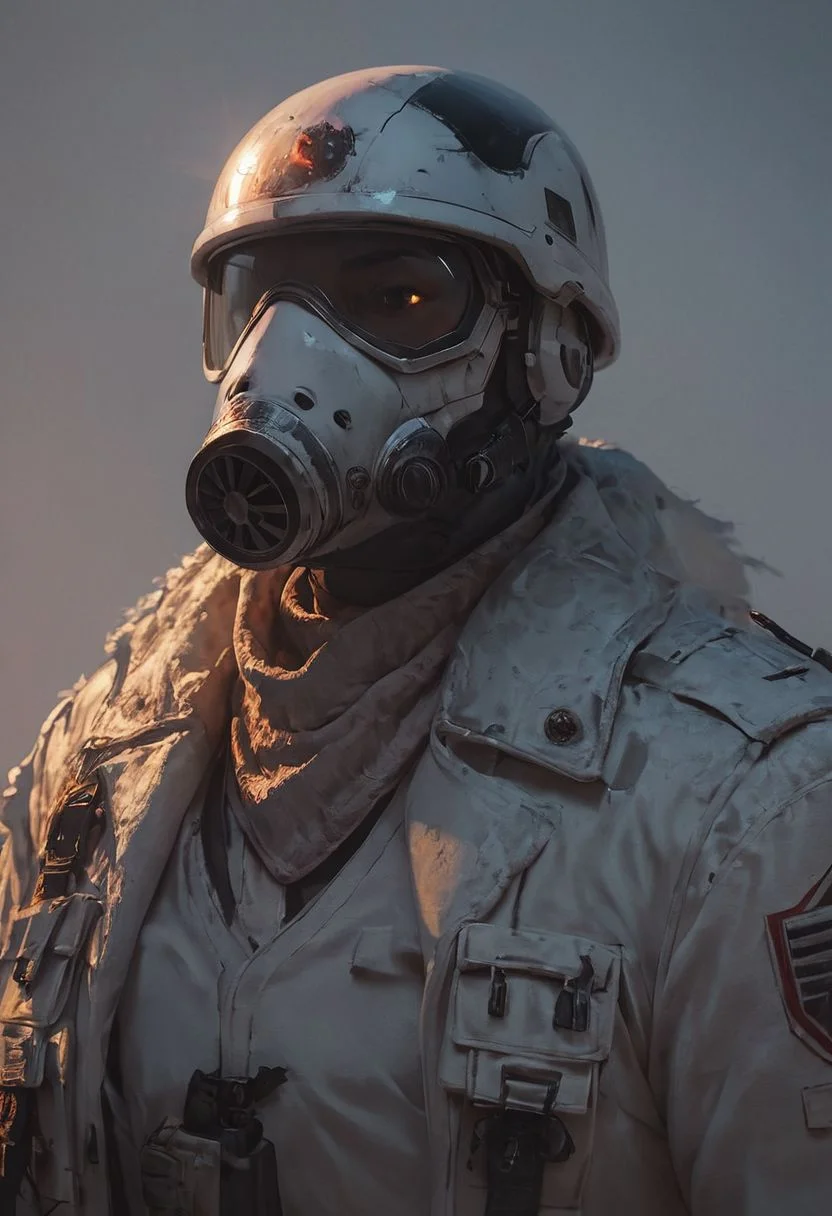 score_9, score_8_up, score_8_up, Sci fi white snow trooper, Gas mask, grimdark, soldier helmet, sci fi, long jacket, glowing energy pack, (white coat, white outfit, white armor), simple design,