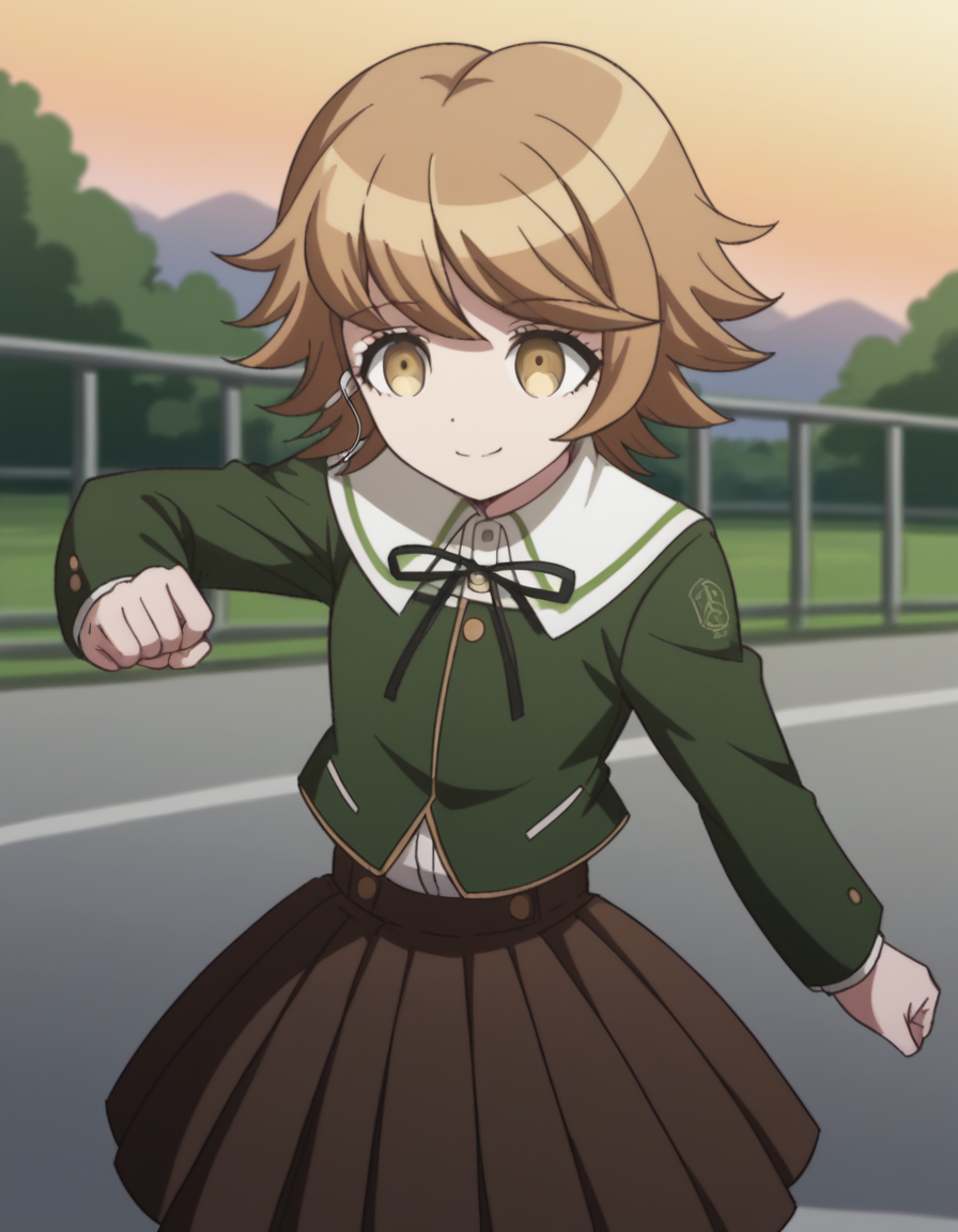 score_9, score_8_up, score_7_up, source_anime, <lora:chihiro-fujisaki-s1-ponyxl-lora-nochekaiser:1>, chihiro fujisaki, short hair, bangs, brown hair, brown eyes, male focus, otoko no ko,, skirt, shirt, long sleeves, ribbon, school uniform, jacket, pleated skirt, black ribbon, neck ribbon, brown skirt, green jacket,, suburban neighborhood, morning jog, earphones, running shoes, fresh air, sunrise, smile, , arm wrapped around someone, solo,, cowboy shot, dutch angle