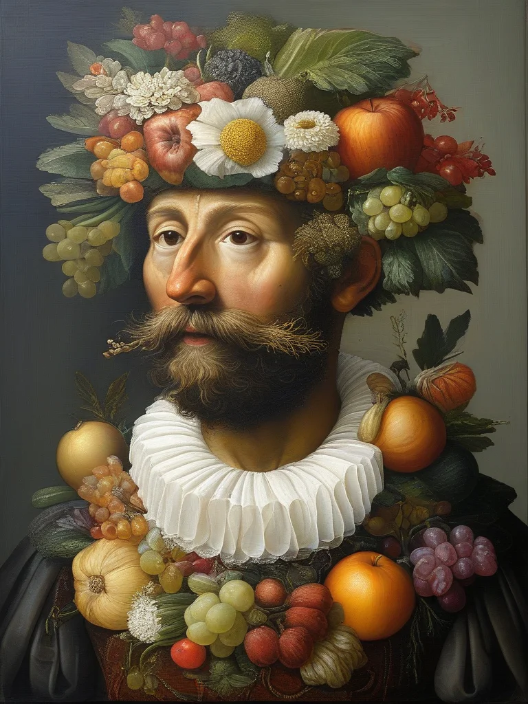 masterpiece,best quality,oil painting,illustration,bear,style of Giuseppe Arcimboldo,fruits,vegetables,flowers,fish and books,<lora:tbh108-sdxl:0.9>,