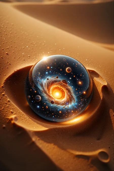 A hyper-realistic portrait, photorealistic photo close-up image of A perfectly preserved, miniature galaxy swirling inside a clear, glass marble, nestled in the sandy crevice of a colossal sand dune in a barren desert. The marble, no larger than a pebble, contains stars, nebulae, and tiny planets orbiting a glowing, central sun, all visible through its transparent surface. The sand dune, with its rippling patterns and golden hue, stretches out for miles, creating a stark contrast to the vibrant colors within the marble. The sun overhead beats down relentlessly, causing the marble to sparkle and the galaxy within to shimmer as if itâs alive. The vast emptiness of the desert amplifies the marbleâs significance, making it appear as a hidden treasure in an endless sea of sand. The wind occasionally shifts the sand around the marble, partially burying and then revealing it again, adding to the sense of mystery. The scene captures the awe of discovering something extraordinary in the most unlikely of places, where the tiny galaxy holds the grandeur of the cosmos within a single marble. (photography, high-resolution, dynamic, energetic,hyper-realistic, dramatic lighting, shallow depth of field.), detailmaximizer, MythP0rt<lora:midjourney_whisper_flux_lora_v01:0.55><lora:aidmaMJ6.1-FLUX-V0.1:0.4><lora:FluxMythP0rtr4itStyle:0.4><lora:detailed_flux_ntc:2.2><lora:aidmaImageUpgrader-FLUX-V0.1:0.65>