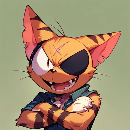 matatabi_ckc, solo, furry male, furry, looking at viewer, orange fur, crossed arms, eyepatch, male, cat, scar, simple background background, smile, open mouth, fangs, (((score_9, score_8, score_7, high quality, high detail, detailed face, good anatomy)))
