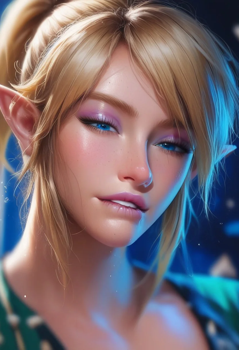 score_9, score_8_up, score_7_up, score_6_up, 1femboy, linkxl, elf ears, blue eyes, blonde hair, solo, portrait, lips, freckles, biting own lip, (biting lip:1), seductive, ponytail, lipstick, makeup, eyeliner, eyeshadow, beautiful detailed face, sexy man, open green shirt, no bra, night, night club background, blurry background