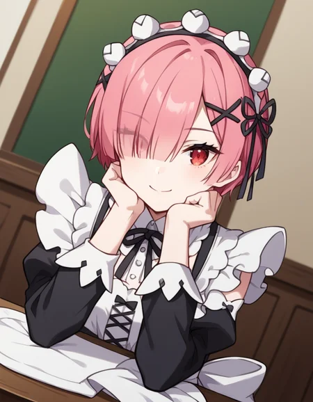 score_9, score_8_up, score_7_up, source_anime, <lora:rezero-ram-s1s2-ponyxl-lora-nochekaiser:1>, ram, hair flower, hair ornament, hair over one eye, pink hair, red eyes, short hair, x hair ornament,, apron, black bow, black dress, black ribbon, bow, detached sleeves, dress, frilled apron, frilled sleeves, frills, juliet sleeves, long sleeves, maid, neck ribbon, puffy sleeves, ribbon, roswaal mansion maid uniform, thighhighs, two-tone dress, waist apron, white bow, white dress, white thighhighs,, indoors, smile, looking at viewer, solo, sitting, head rest, table,, cowboy shot, dutch angle