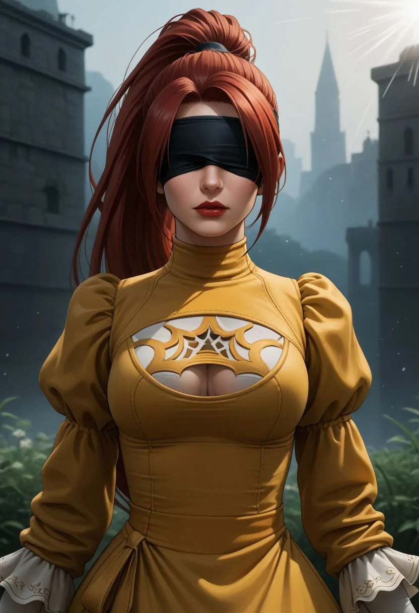 end_jngr3y, 1girl, solo, long hair, looking at viewer, green eyes, upper body, red hair, lips, dress , red nails, emphasis lines, red lips, outdoors, juliet sleeves, clothing cutout, gloves, cleavage cutout, covered eyes, long sleeves, feather-trimmed sleeves, puffy sleeves, yellow dress, blue pauldrons, headband,long hair, high ponytail, upper body BREAK PonyXLV6_Scores