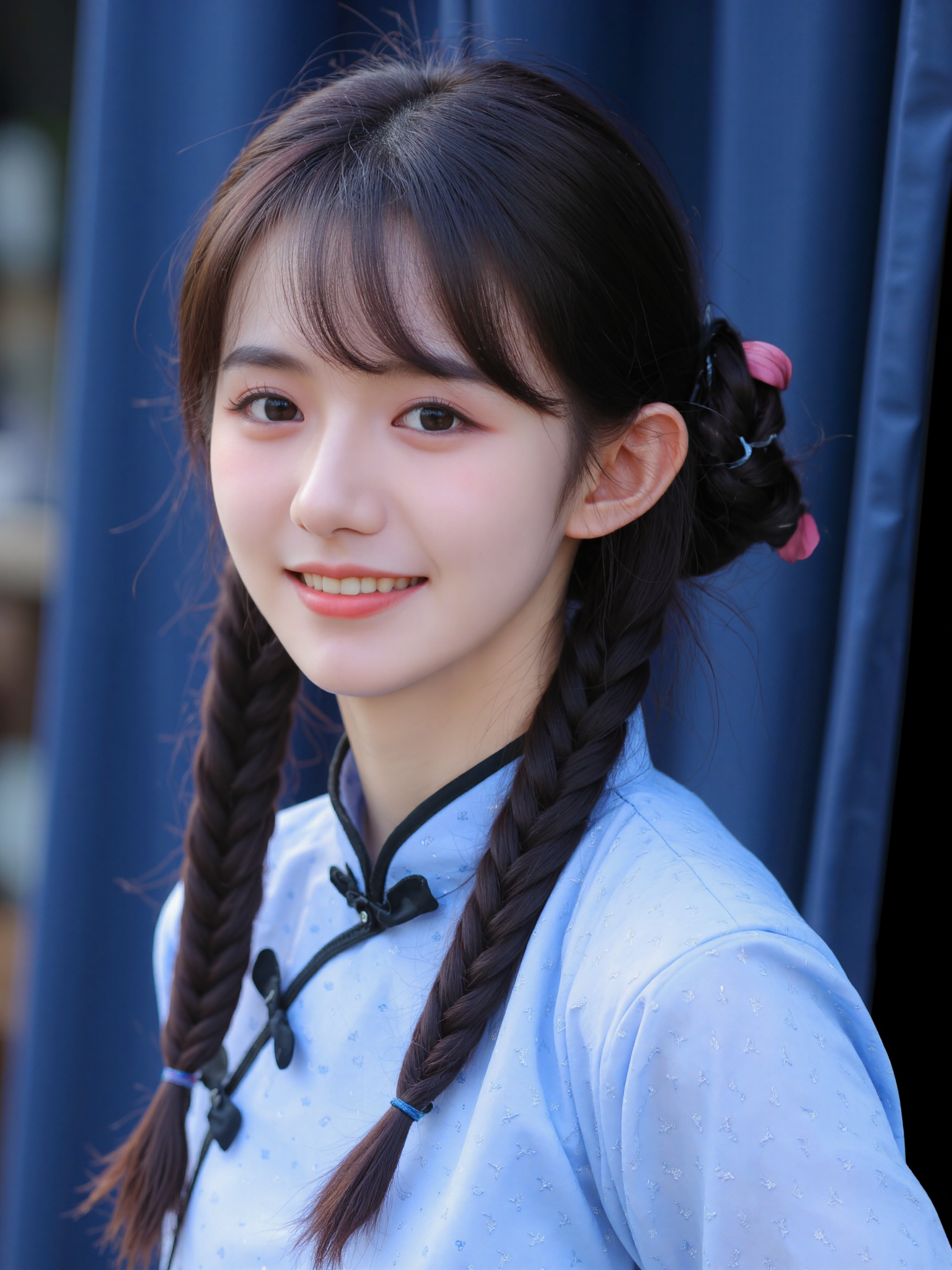 This photograph captures a young East Asian woman with a fair complexion and delicate features, smiling softly. She has long, dark hair styled in two braids, each secured with black hair ties. She wears a light blue traditional Chinese dress with black trim and a small bow at the neckline. The background is a blurred, rich blue, suggesting a fabric or curtain, which contrasts with her attire. The image is well-lit, with natural lighting highlighting her face and creating a warm, inviting atmosphere. The camera angle is slightly above eye level, and the composition follows the rule of thirds, placing her face and braids along the intersecting lines, drawing attention to her serene expression and traditional attire.