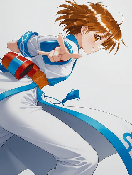 masterpiece,best quality,newest,1girl,solo,
<lora:rimururu_ilxl_v1.3:1>,n_rimu,short hair,brown hair,brown eyes,no headwear,r_clothes,white pants,<lora:Fixhands_anime_bdsqlsz_V1:1>,dynamic_angle,cinematic_angle,white_background,simple_background,looking_at_viewer,profile,pointing at viewer,grin,light_blush,
