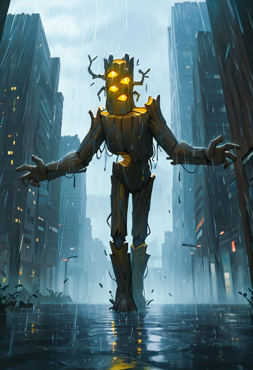 masterpiece, best quality, amazing quality, very aesthetic, absurdres, newest, cinematic, movie scene, foreground blur,
creaking, no humans, standing, monster, glowing eyes, yellow eyes, solo, 3 eyes, yellow sclera, wooden body,
bright day, rain, stretched arms, puddles, raining, city,