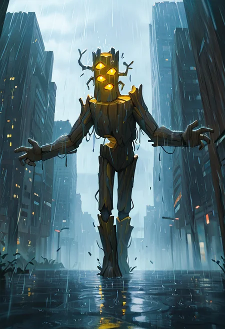 masterpiece, best quality, amazing quality, very aesthetic, absurdres, newest, cinematic, movie scene, foreground blur,
creaking, no humans, standing, monster, glowing eyes, yellow eyes, solo, 3 eyes, yellow sclera, wooden body,
bright day, rain, stretched arms, puddles, raining, city,
