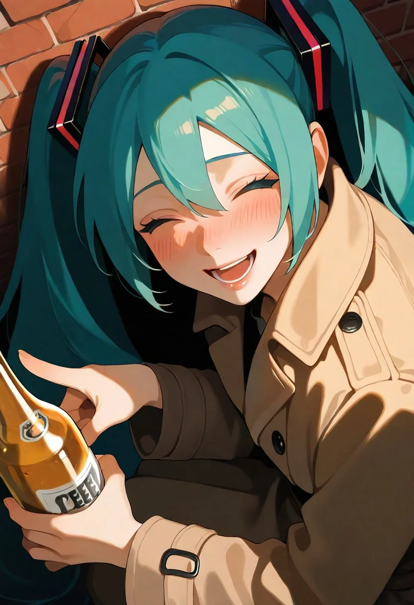 1girl, solo, hatsune miku, lips, trench coat, holding beer bottle, pointing at viewer, laughing, slav squatting, closed eyes, blush, brick wall, dutch angle, dark night, sidelighting, from above, from side, masterpiece, best quality, very aesthetic